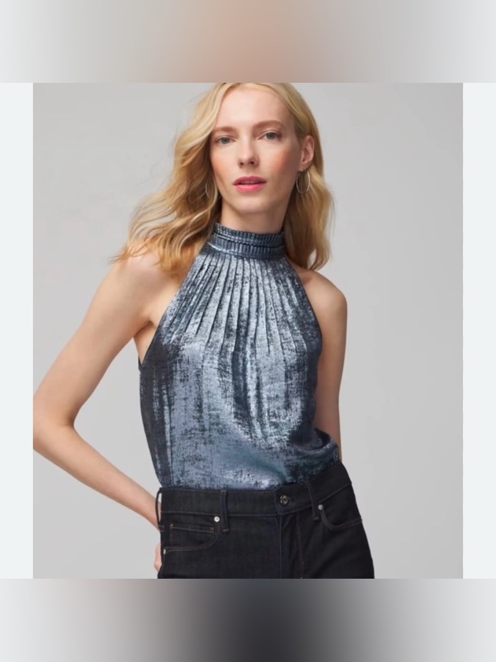 White House Black Market Metallic Blue Halter Pleated Shell Camisole